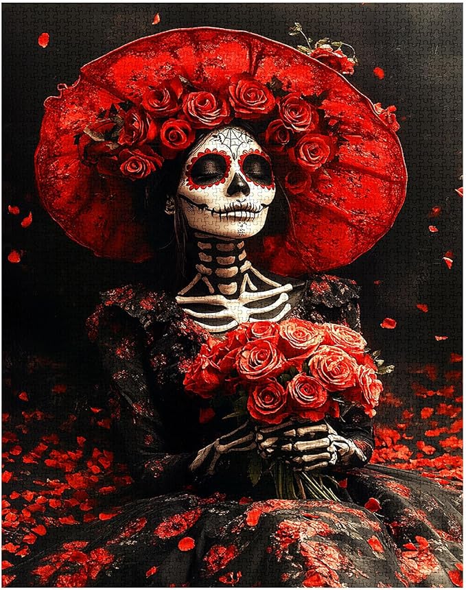 Tucocoo Day of The Dead Jigsaw Puzzle 1000 Pieces Puzzles for Adults, Red Roses Skeleton Woman Flowers Art Puzzles for Challenging Family Activity Games DIY Craft Puzzle for Home Wall Decor Gifts