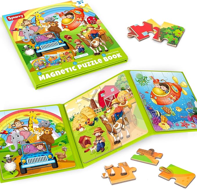 SYNARRY Magnetic Puzzles for Kids Ages 3-5, 20 Pieces Toddler Animal Puzzles, Children Travel Activity Toys Games for 3 4 5 6 Years Old Kids Boys Girls in Car Airplane, Learning Magnet for Road Trip