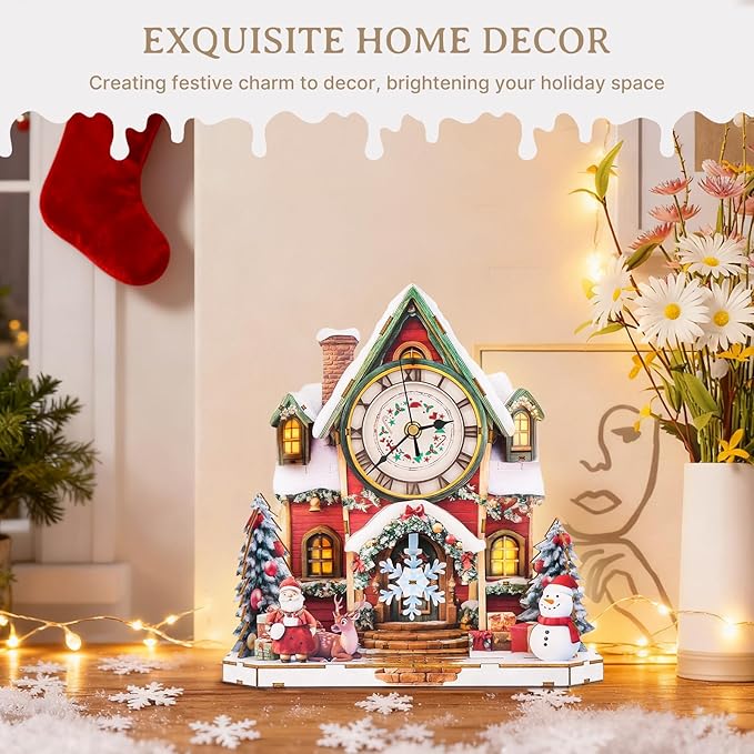 KAAYEE 3D Puzzle for Adult, Wooden Christmas Snow Cabin Pendulum Clock Puzzle Kit, 73 PCS DIY Vintage Wall Clock, Creative Craft Gift for Birthday Xmas Home Decor (Battery Not Included)