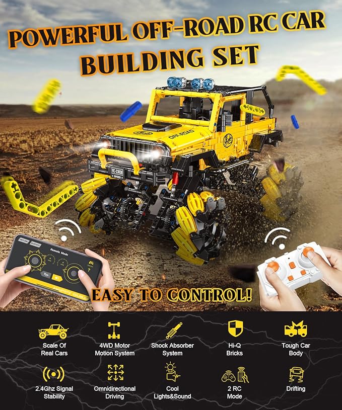 Off-Road Car Building Kits with Remote Control for Adults,Technic Pickup Truck Building Blocks Toys,STEM Engineering Gift for Mens,Boys,Kids-1490PCS(Yellow)