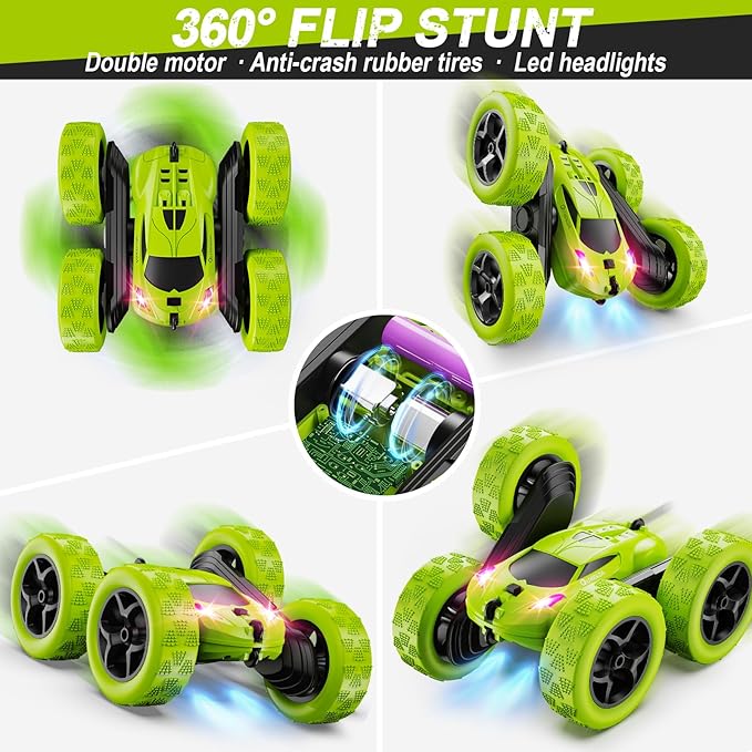 Remote Control Car for Kids Ages 6+, RC Cars Stunt Car Toy 4WD Double Sided 360° Rotating Remote Control with Headlights, Birthday Xmas Gifts for Boys 6 7 8 9 10 11 12 Green