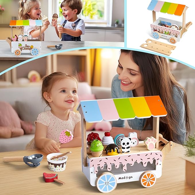 Wooden Ice Cream Cart Toy Playset with Ice Cream Toys Pretend Play Food Truck Play Kitchen Accessories with Ice Lolly & Scoop & Menu Wooden Toys Gift for 3 4 5 6 7 8 Year Old Girls Boys