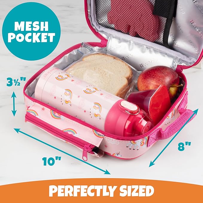 Kids Insulated Lunch Box w Snack Pocket & Expandable Water Bottle Holder For Girls- Waterproof Lunchbox Tote Keeps Food Hotter or Colder Longer - Reusable Back to School Bag Fits Most Bento Containers