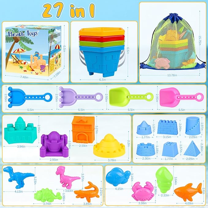Beach Sand Toys, Sandbox Toys for Kids Family Sharing Set, Sand Castle Kit with 4 Beach Buckets and 4 Shovel Tools & Sand Molds, Travel Beach Toys for Toddlers Boys Girls Age 4-12
