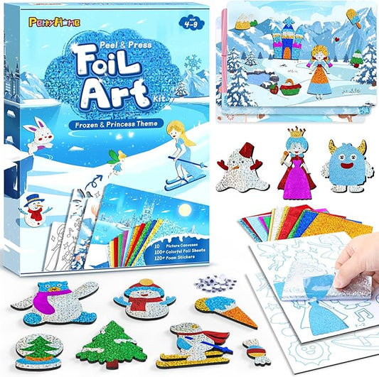 PERRYHOME Foil Arts & Crafts for Kids-DIY Frozen Fun Foil Art Kit Toys,Mess Free Coloring,Kids Car Airplane Travel Activities Toys,Birthday Christmas Gifts for Girls Children Toddler Ages 4-9