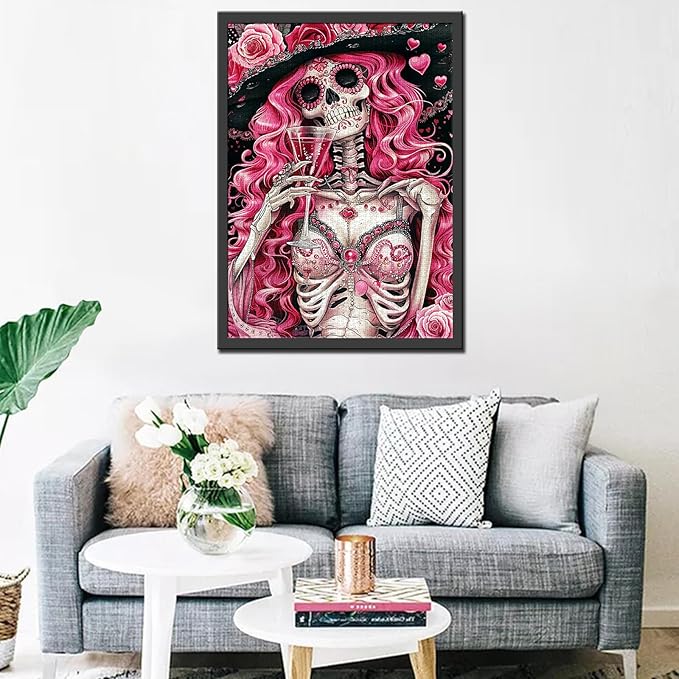 Tucocoo Skeleton Woman Jigsaw Puzzles for Adults 1000 Pieces, Pink Roses Glass Wine Skull Art Puzzle Colorful DIY Craft Puzzles for Home Decoration Gifts, Family Puzzle Perfect for Game Nights