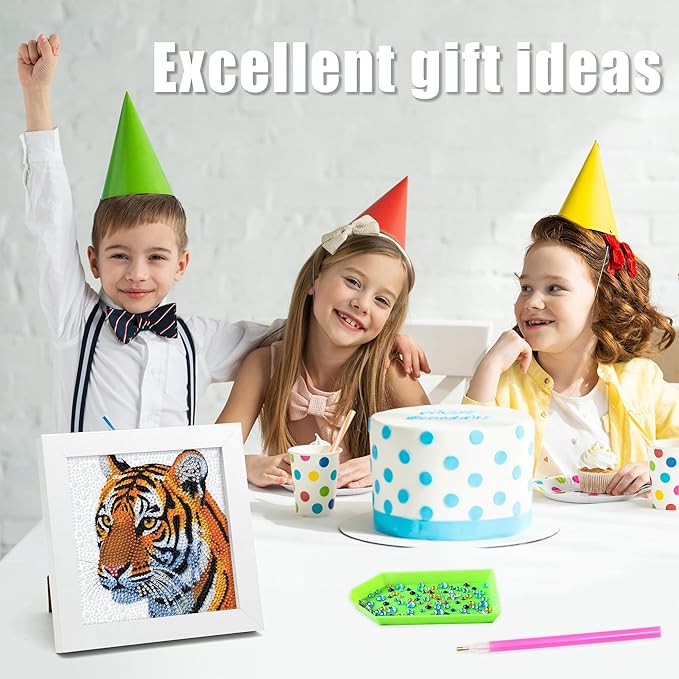 geesfayan Diamond Art Kits for Kids Ages 8-12,6 Inch DIY Gem Art Painting with 7 Inch Frame, Complete Starter Kit for Beginners, Creative Arts & Crafts Gift for Girls & Boys (Tiger)