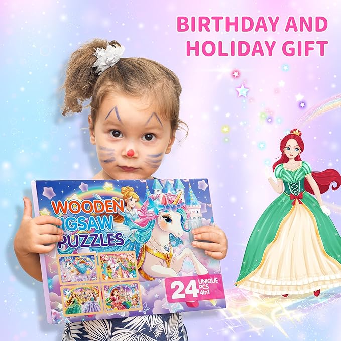 24PCS Wooden Puzzles for Kids Ages 4-6, 4 in 1 Box, Preschool Educational Toys Birthday Gifts Puzzles for 3 4 5 6 7 8 Year Old Boy Girls, Princess