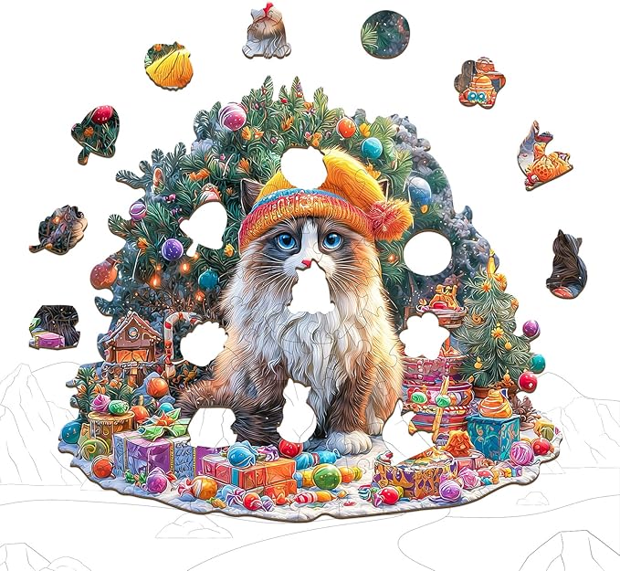 Wooden Puzzles for Adults - Christmas Cat Wooden Jigsaw Puzzle 86 pcs - Unique Animal Shape Wood Cut Puzzles - Eco-Friendly Home Office Decor (8.4 * 7.4in)