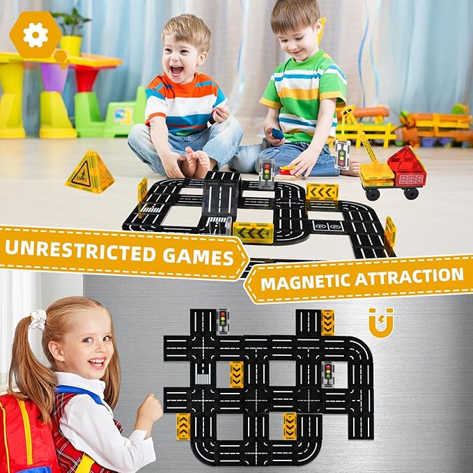 Magnetic Tiles Road Expansion Pack, Magnetic Building Blocks Construction Toys for 3+Year Old Boys Girls, Kids Toy Montessori Toys for Toddler.
