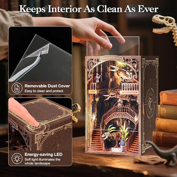 [2025 New] Dinosaur Museum Book Nook Kit with Dust Cover & LED Light, DIY Miniature House Kit Toy, 3D Wooden Puzzle Bookshelf Decor Building Kit, Birthday Gifts for Family & Friends
