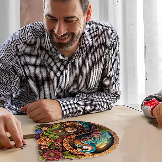 CRAFTHUB Animal Wooden Puzzles for Adults – A3 Parrot Yin Yang with 134 Pieces – Jigsaw Puzzles with Unique Animal Shapes – 10.7" x 10.7"