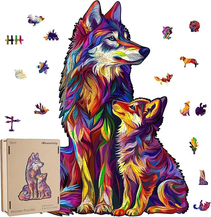 Wooden Puzzles for Adult, Wolf Family Jigsaw Puzzles 200 Pieces, Unique Shaped Animal Wood Adult Puzzle, Best Gifts for Adults and Kids Family Games 9.8 * 12.6inches