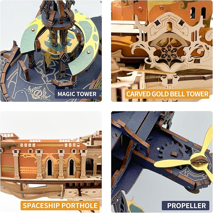 DIY 3D Wooden Puzzle Whale Spaceship,Miniature Wooden Dollhouse Model for Adults to Build,Gifts for Family Friends - Whale Ark of The Universe (Dawnlight Gold)