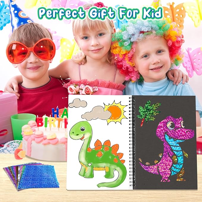 Foil Craft Dinosaur DIY Art Fun Kits, No Mess Creative Foil Art Kits Set Drawing Game for Kids, Birthday Gifts Crafts Supplies Travel Toys for Girls Boys Ages 4-9