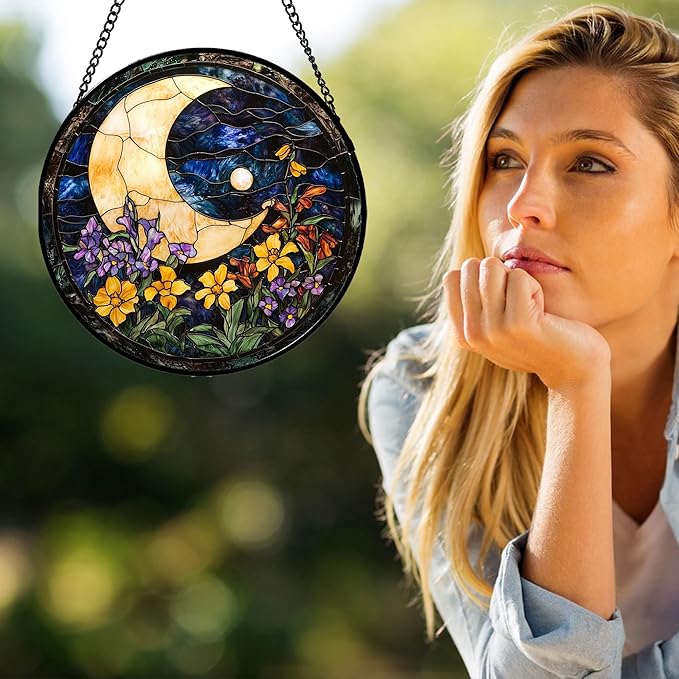Stained Glass Window Hanging - Blue Night Sky Moon Suncatcher for Door Terrace Garden Home Decor Wildflowers Sun Catcher Birthday Gifts for Lovers Women Men Dad Mom Nana 15 in