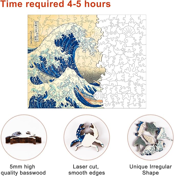Adults Wooden Puzzles, Wooden Jigsaw Puzzles, Unique Irregular Shape Sea Wave Wood Puzzles, 200 Pcs, Wall Art Decoration for Home