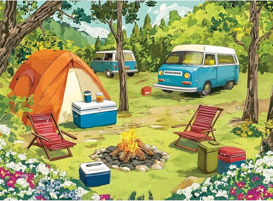 300 Piece Puzzles for Adults, Camping Scene with Tent and Vans Jigsaw Puzzle, Relaxing 300 Piece Puzzle, Perfect for Family Time, Stress Relief, Gift for Adults, Kids, Seniors, 20.5 x 15 in