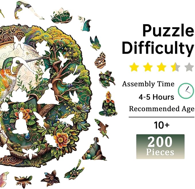 Jigfoxy Wooden Puzzles for Adults, Yin Yang Hummingbird Wood Puzzles Adult, Unique Animal Shape Wooden Jigsaw Puzzles for Adults, Birthday Gifts for Puzzle Lovers, Family (M-11.4 * 11in-200pcs)