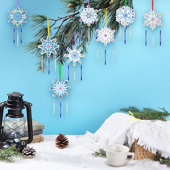 JellyArch 30 Pack Winter Snowflake Wind Chime Making Kit for Kids Make Your Own Wind Chime Wooden Ornaments for Girls and Boys DIY Crafts Activity Birthday Winter Decoration