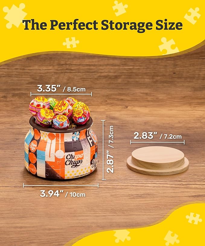 Chupa Chups X PieceRelax 3D Puzzle Jar 64 Plastic Pieces for Adults - Timeless Memories - Retro Fun S Wooden Lid Container for Kitchen Dining Study Living Room No Glue Requied Small [BC1024]