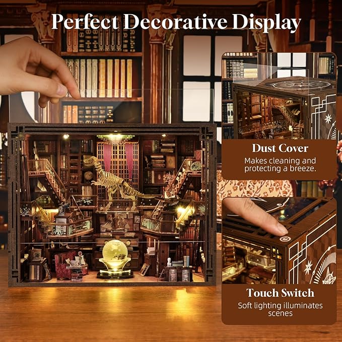 DIY Book Nook Kit for Adults, 3D Wooden Puzzle Bookend Bookshelf Insert Decor with LED Light and Dust Cover (Beyond Library Max)