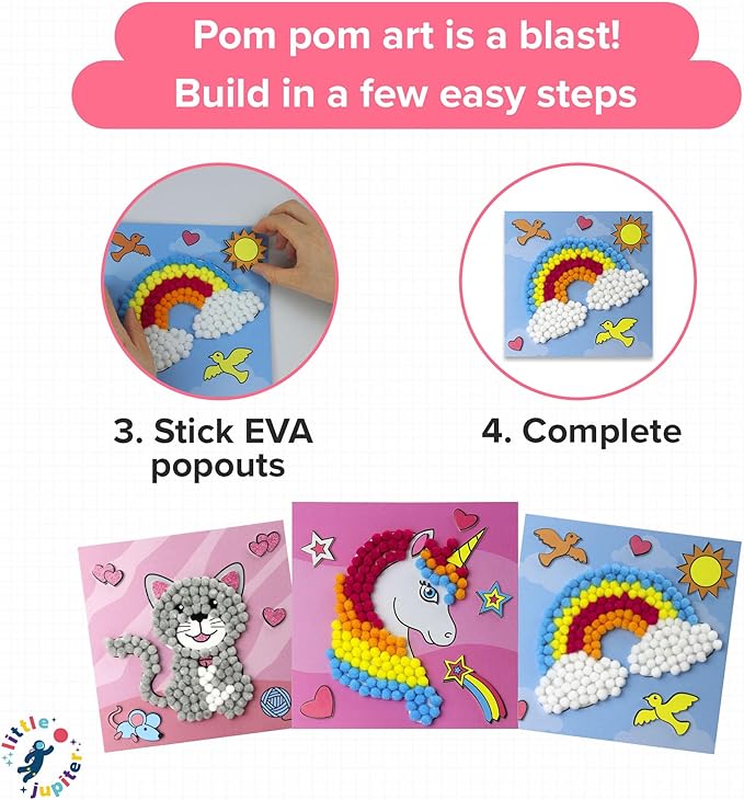 Little Jupiter DIY Pom Pom Art - Makes 3 Pieces -Boy & Girl Crafts for Kids Age 3-5 - Toddler Crafts - Pom Pom Art Projects for Kids 3-5 - (Set 2-Unicorn, Rainbow, Cat)