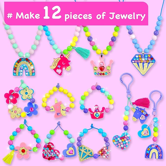 EZCRA Bracelet Making Kit for Kids 4-6 - 12 DIY Jewelry Craft Set with Beads, Gem Stickers and Charms for Girls Ages 5-8 - Easy DIY Bracelet Kit, Gift for Girls