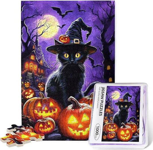 Halloween Cat Puzzles 1000 Pieces for Adults Cute Horror Black Cat Pumpkin Jigsaw Puzzle Halloween Party Gifts Puzzle Home Decor