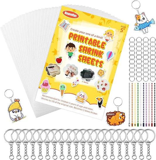 Hayunfiys 150 Pcs Shrink Sheet Set Shrink Paper Keychain Set with 20 Pieces of Shrinkage Paper 130 PCS Keychain and Open Iron Ring for Kids Creative Craft Markers, DIY Jewelry or Creative Crafts