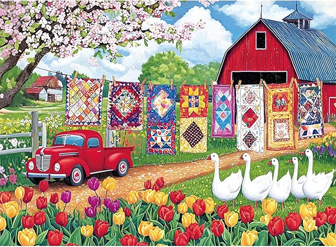 300 Piece Jigsaw Puzzle for Adults – Springtime Farmyard Delight with Quilts & Tulips– Challenging and Relaxing Puzzle for Game Nights, Gifts & Home Décor (20.5" × 15")