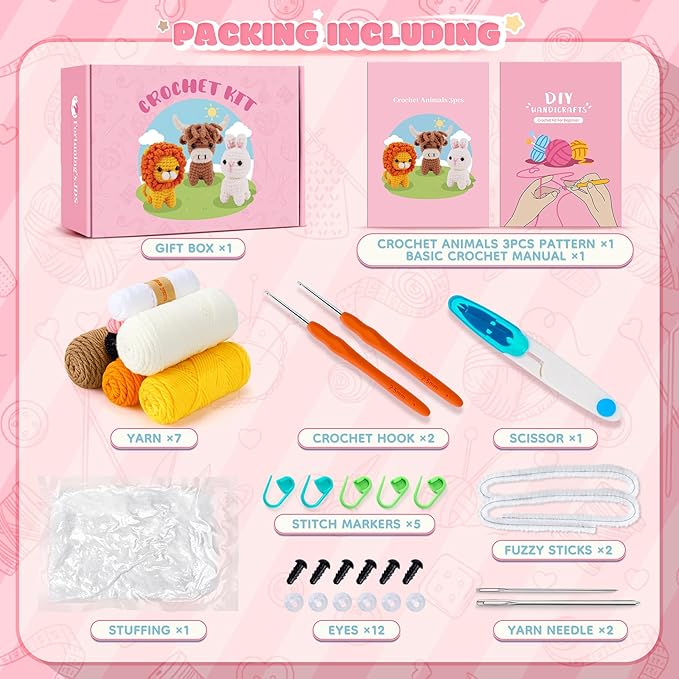 Crochet Kit for Beginners, Amigurumi Crochet Animal Kits, Crocheting Kit for Starters Adult Kids with Step-by-Step Video Tutorials, Animal Kits with Highland Cow, Lion, Bunny