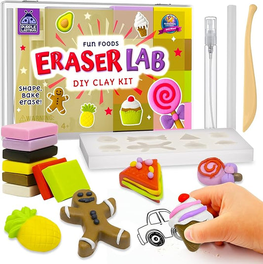 PURPLE LADYBUG Eraser Lab DIY Clay Kit - Food-Themed Fun Eraser for Kids Craft Set, 8 Clay Colors, Mold Tray & Shaping Tools, Creative Activity for Boys & Girls Aged 4+, Gift for Birthday, Christmas