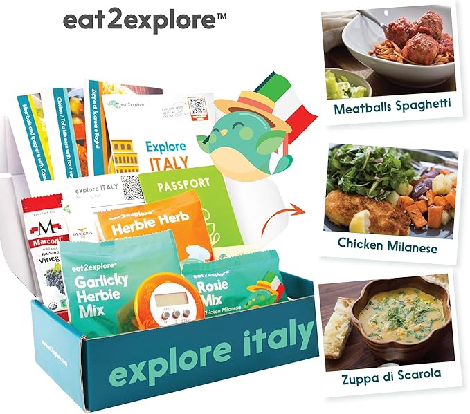 eat2explore Cooking Kits for Kids - Interactive & Educational Set with 3 Recipe Cards, Key Ingredients & Cooking Tools - Ideal Idea for Kids who Love to Create Meals (Italy Edition)
