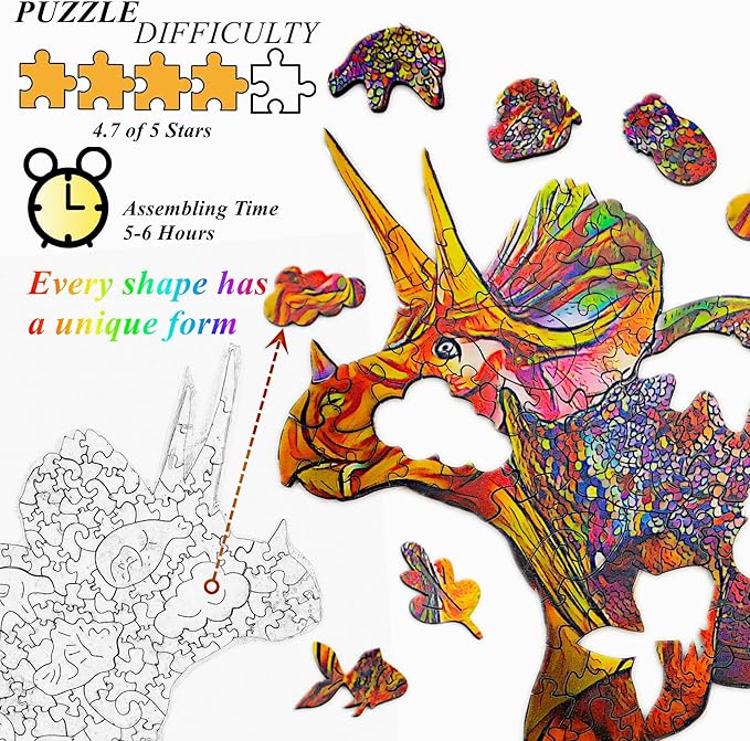 Wooden Jigsaw Puzzle for Adults,Unique Triceratops Dinosaur Animals Shaped Magic Puzzle Pieces Best Gift for Adults,Can be Used as a Cool Mouse Pad,277pcs (17.32x9.05 in) 02