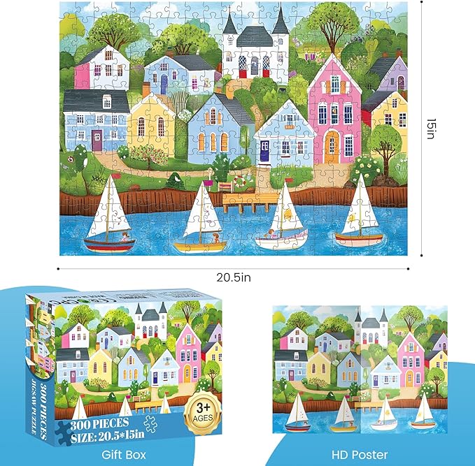 300 Piece Puzzles for Adults, Colorful Coastal Village Puzzles for Adults,Vibrant Sailboats and Cottages 300 Piece Jigsaw Puzzle, Ideal Home Decor Gift for Adults Kids Seniors, 20.5×15 in