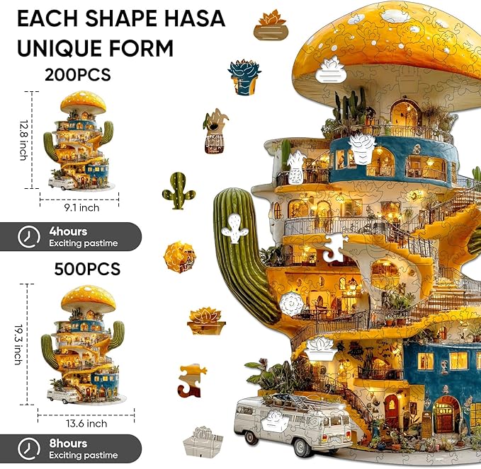 Cactus World Wooden Puzzles, 500 Pieces Jigsaw Puzzles 19.3x13.6 inch, Unique Design Wooden Puzzles for Adults and Kids, Family Game Gift