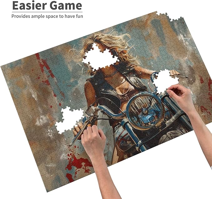 Women's Motorcycle-Themed Jigsaw Puzzle, 1000 Pieces, Retro Styles, Eco-Friendly Wooden Puzzle, Ages 14+