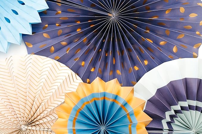 PapaKit Origami Wall Decoration Set (8 Assorted Round Paper Fans) Birthday Party Baby Shower Wedding Events Decor | Creative Art Design Pattern (Starry Midnight Blue with Metallic Gold Accent)