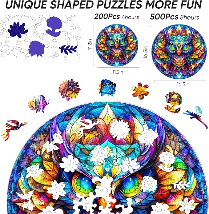 Wooden Puzzle for Adults Colorful Owl Jigsaw Puzzles Unique Animal Shape Puzzles Family Game Fabulous Gift for Kids and Adults on Birthday 500 Pieces 16.5 * 16.5in