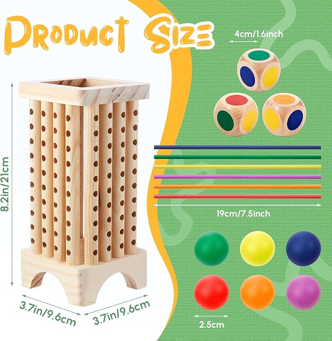 Montessori Game with Colorful Wooden Sticks Tower Dice Ball Wooden Board Games Fine Motor Skills Counting Math Educational Toys for Family Travel(Square)