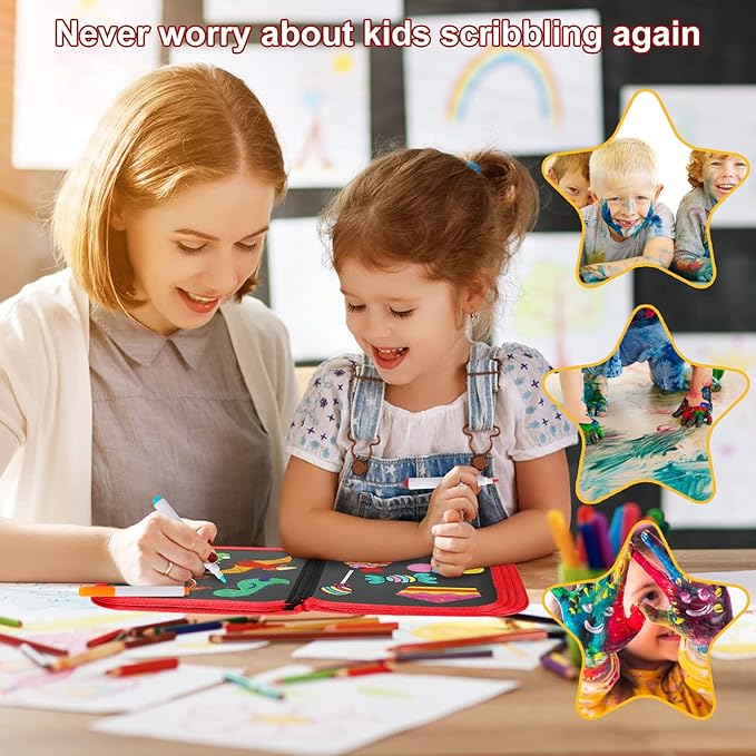 Erasable Book Doodle Set for Kids, Magic Drawing Book with 12 Watercolor Pens, Reusable 14 Page Art Set for Boys and Girls