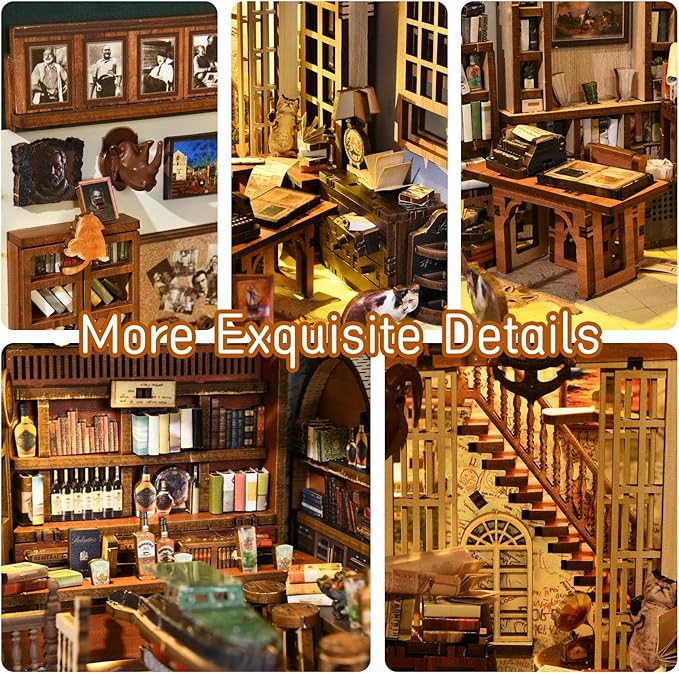 MiniCity DIY Book Nook Kit for Adults, 3D Wooden Puzzle Bookend Bookshelf Insert Decor with LED Light and Dust Cover (Hemingway House)