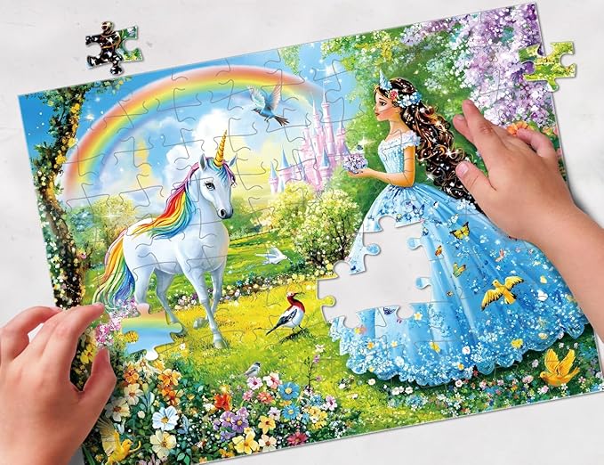 Pack of 2, 100 Piece Jigsaw Puzzles for Adults and Teens and Kids Family Happy Games Princess Unicorns Puzzles