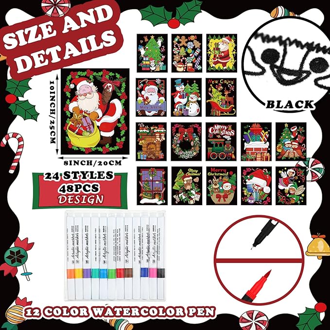 Zhanmai 48 Pcs Christmas Velvet Coloring Posters and Watercolor Pens Cozy Christmas Coloring Book Fuzzy Velvet Xmas Posters for Adults Teenagers Classroom Xmas Festive Arts Crafts