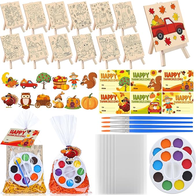 87 Pcs/12 Set Fall Thanksgiving Unfinished Wood Crafts Set Holiday Painting Gift Bulk Predrilled Wooden Ornaments Watercolor Paints with Cards Craft for Holiday Bags Party Supplies