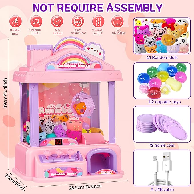 Mini Claw Machine for Kids | Girl Toys for Ages 8-13 Arcade Game Toy Claw Machine Electric Candy Vending Machine Toy with LED Lights & Adjustable Sound, Birthday Gifts for Girls Ages 4+, Pink