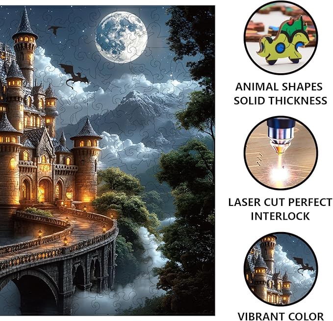 GLOBLELAND 300Pcs Night Magic Castle Wooden Jigsaw Puzzles for Adults 11.22x15.16inch Colorful Dragon and Castle Wood Puzzles for Holidays Birthday Gifts