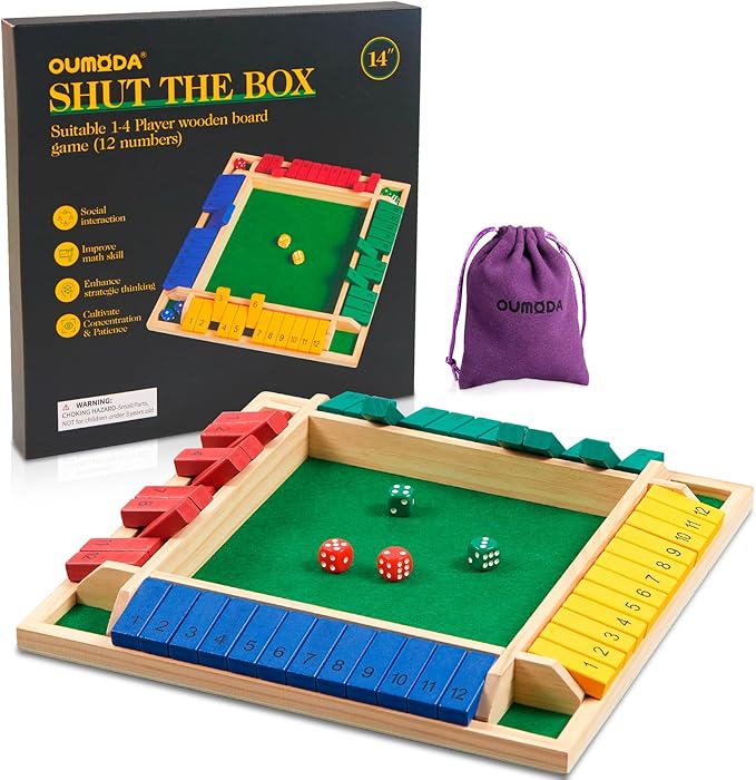 14 inches Shut The Box Dice Game, 2-4 Player Upgraded 12 Numbers Wooden Board Table Math Games for Adults and Kids, 12 Dices Classics Tabletop Version Games for Classroom,Home,Party or Pub