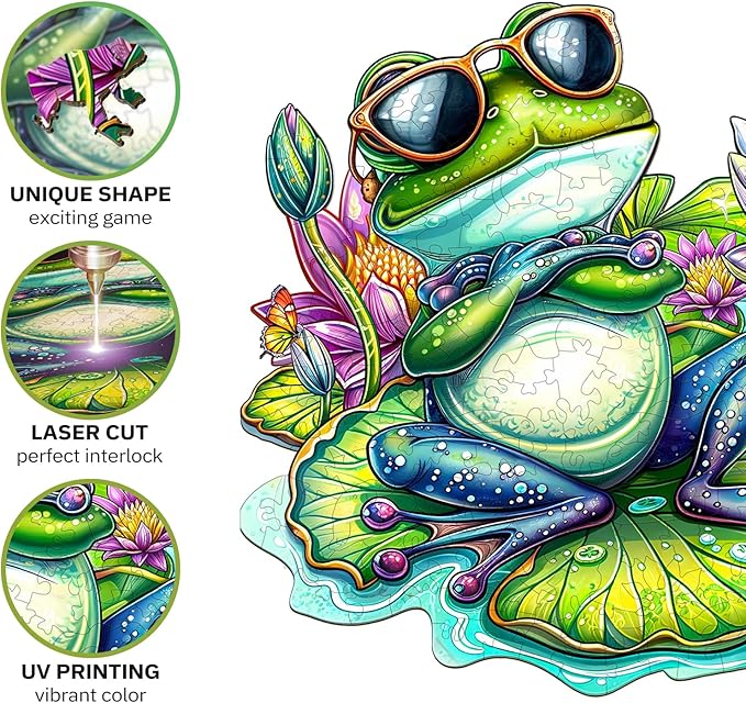 Jigfoxy Wooden Puzzle for Adults, Leisurely Frog Wooden Jigsaw Puzzles for Adult, Unique Animal Shape Wood Cut Puzzles, Christmas Thanksgiving Gifts for Friends Family (L-13.4 * 12.4in-240pcs)